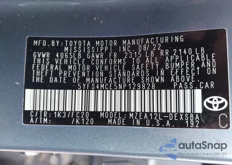 2022 Toyota Corolla Se из США, поврежденный, VIN 5YFS4MCE5NP129828